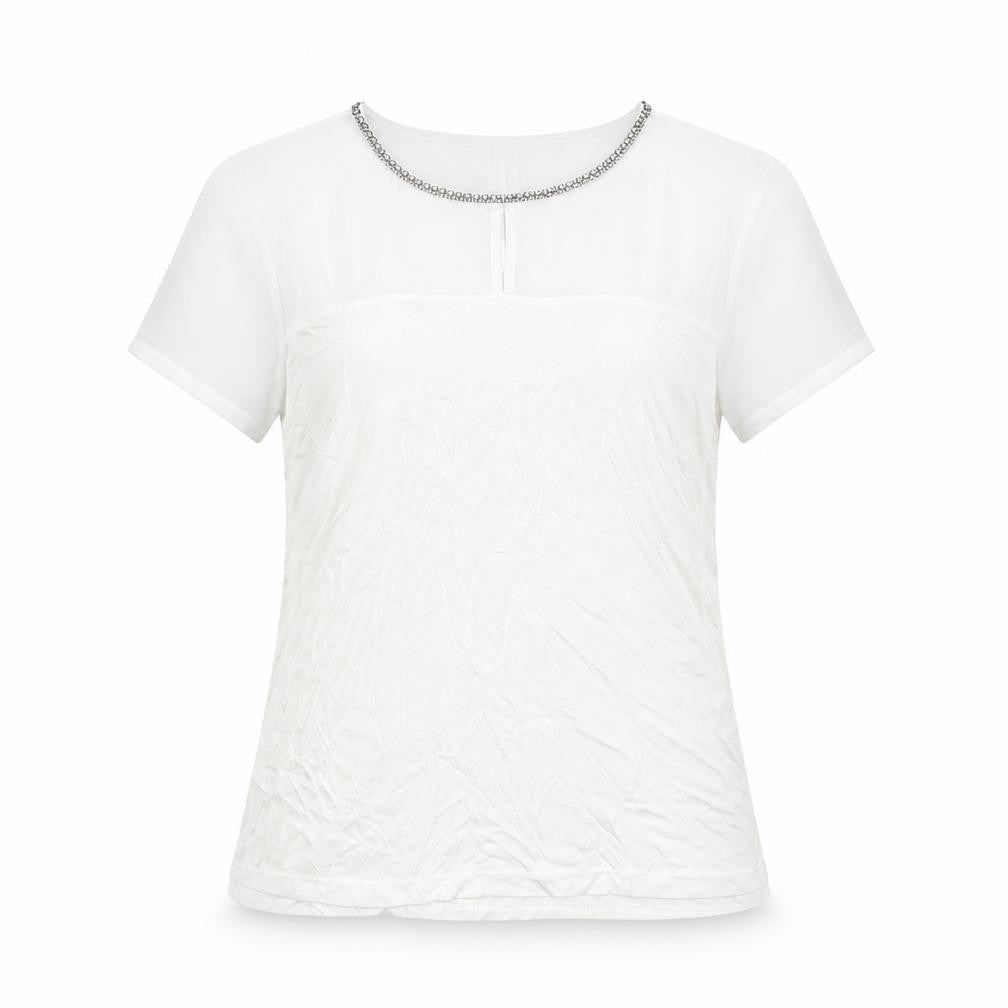 Front view of H&M women’s white polyester basic t-shirt, size M, boat neck - embellished neckline