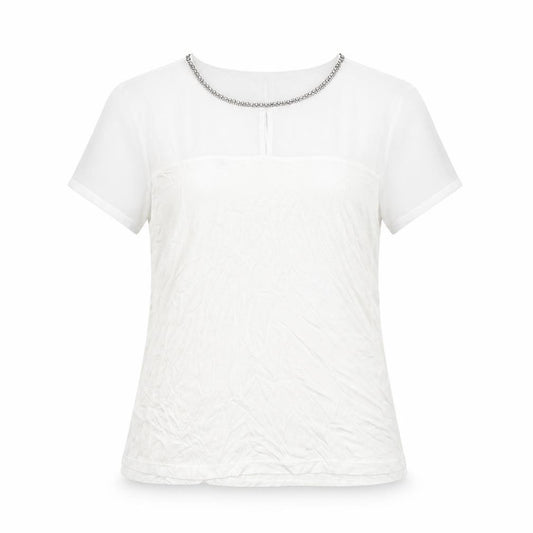 Front view of H&M women’s white polyester basic t-shirt, size M, boat neck - embellished neckline