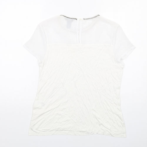 H&M Womens White Polyester Basic T-Shirt Size M Boat Neck - Embellished Neckline