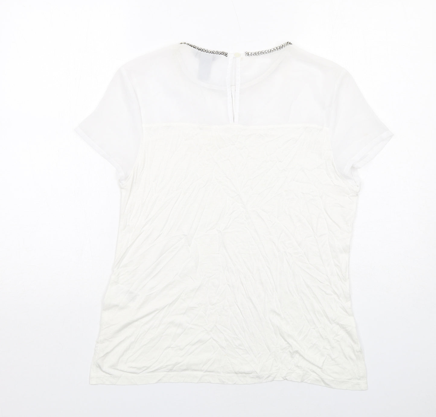 H&M Womens White Polyester Basic T-Shirt Size M Boat Neck - Embellished Neckline
