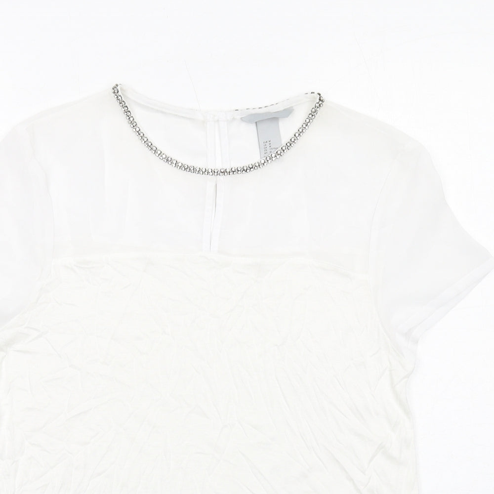 H&M Womens White Polyester Basic T-Shirt Size M Boat Neck - Embellished Neckline