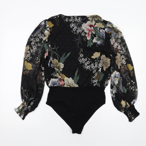 New Look Womens Black Floral Polyester Bodysuit One-Piece Size 8 Snap - Wrap Front