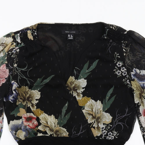New Look Womens Black Floral Polyester Bodysuit One-Piece Size 8 Snap - Wrap Front
