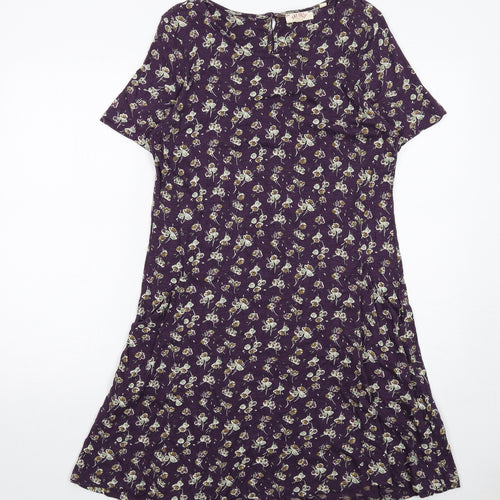 Fat Face Womens Purple Floral Cotton A-Line Size 10 Round Neck Button