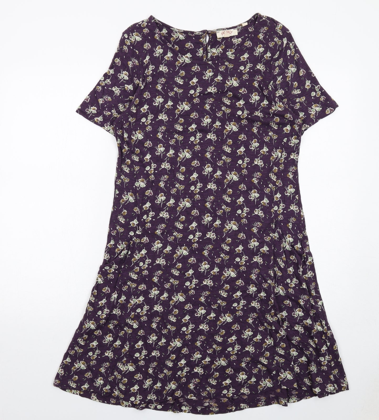 Fat Face Womens Purple Floral Cotton A-Line Size 10 Round Neck Button