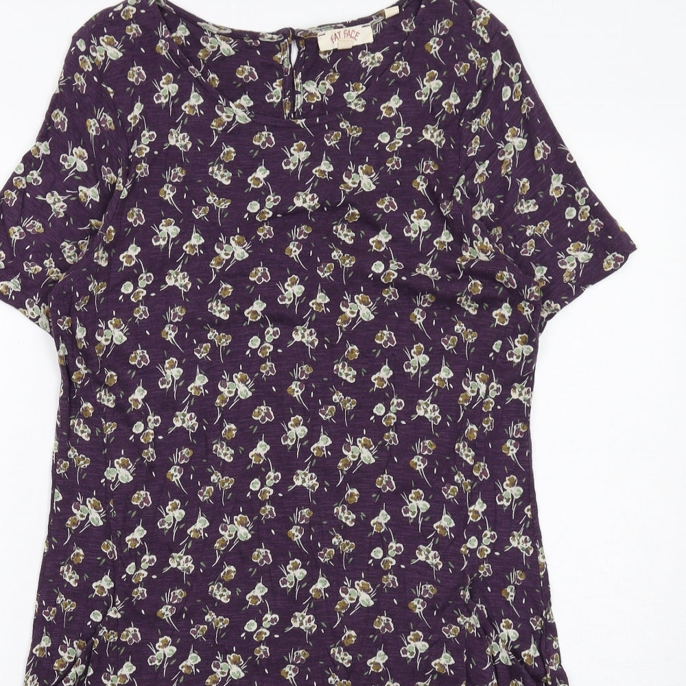 Fat Face Womens Purple Floral Cotton A-Line Size 10 Round Neck Button