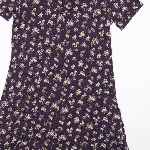 Fat Face Womens Purple Floral Cotton A-Line Size 10 Round Neck Button