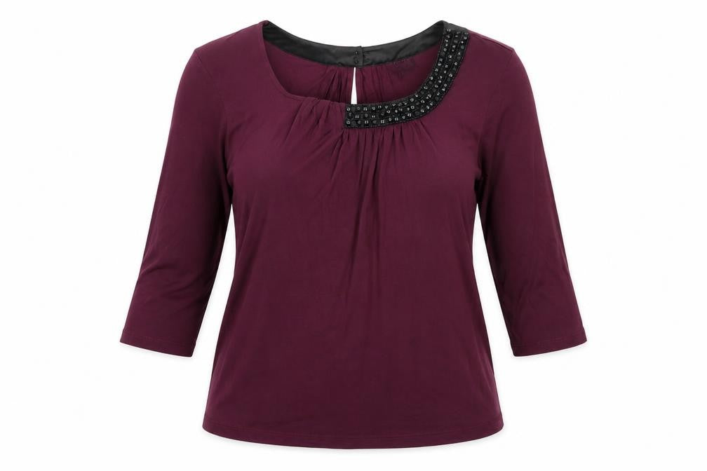 Front view of Per Una women’s purple modal basic blouse, size UK 14, boat neck - embellished neckline
