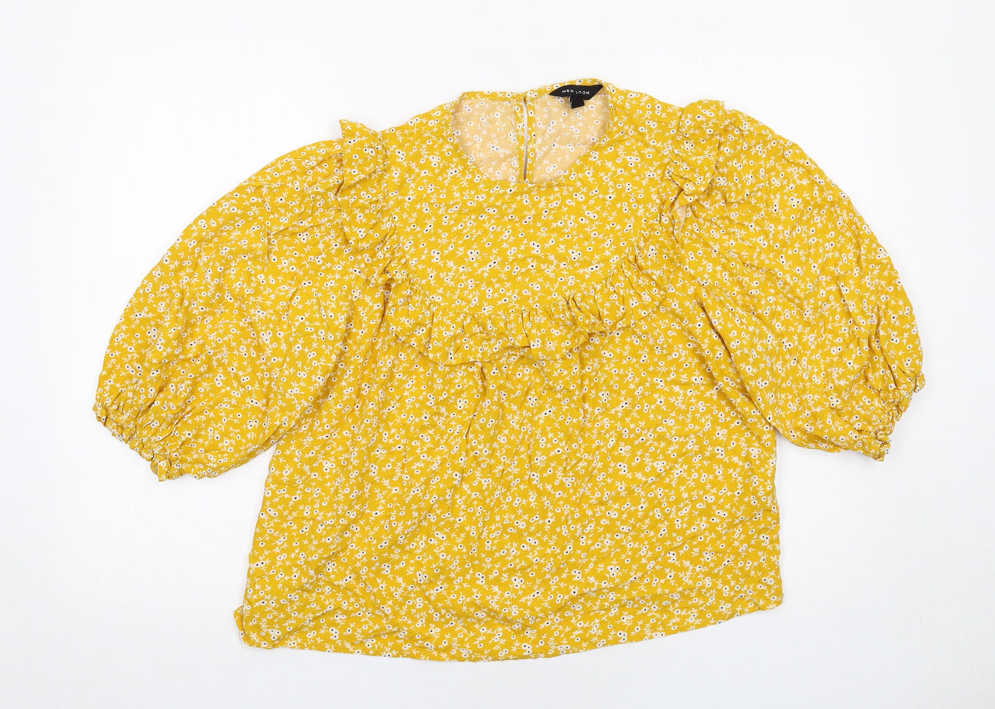 New Look Womens Yellow Floral Viscose Basic Blouse Size 10 Round Neck