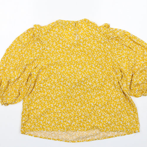New Look Womens Yellow Floral Viscose Basic Blouse Size 10 Round Neck