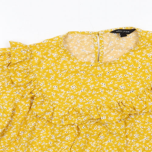 New Look Womens Yellow Floral Viscose Basic Blouse Size 10 Round Neck