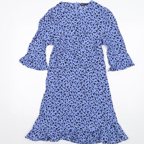 Marks and Spencer Womens Blue Geometric Viscose A-Line Size 10 Round Neck Zip