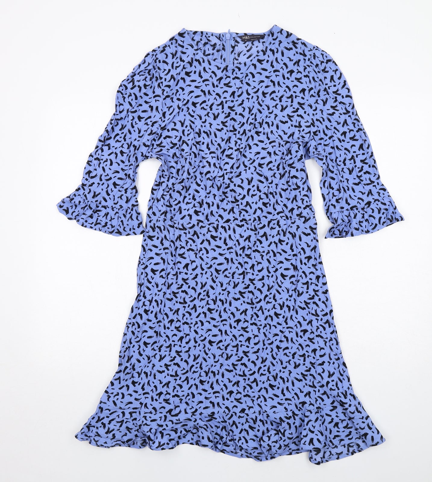 Marks and Spencer Womens Blue Geometric Viscose A-Line Size 10 Round Neck Zip