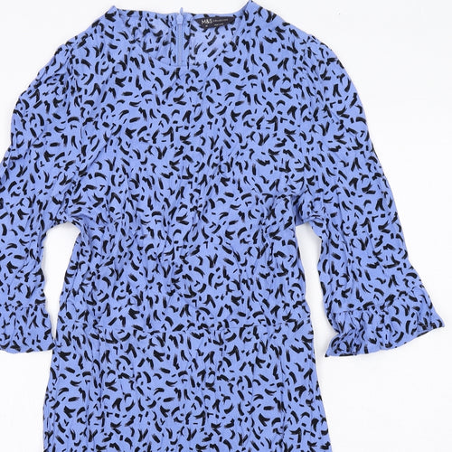 Marks and Spencer Womens Blue Geometric Viscose A-Line Size 10 Round Neck Zip