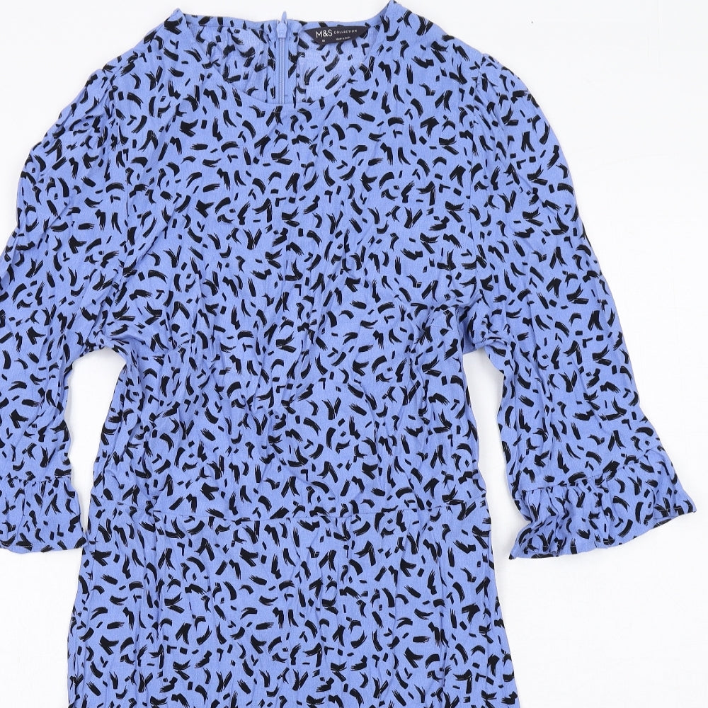 Marks and Spencer Womens Blue Geometric Viscose A-Line Size 10 Round Neck Zip