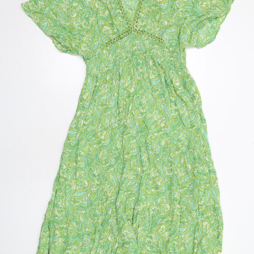 Zara Womens Green Geometric Viscose Maxi Size XL V-Neck Pullover