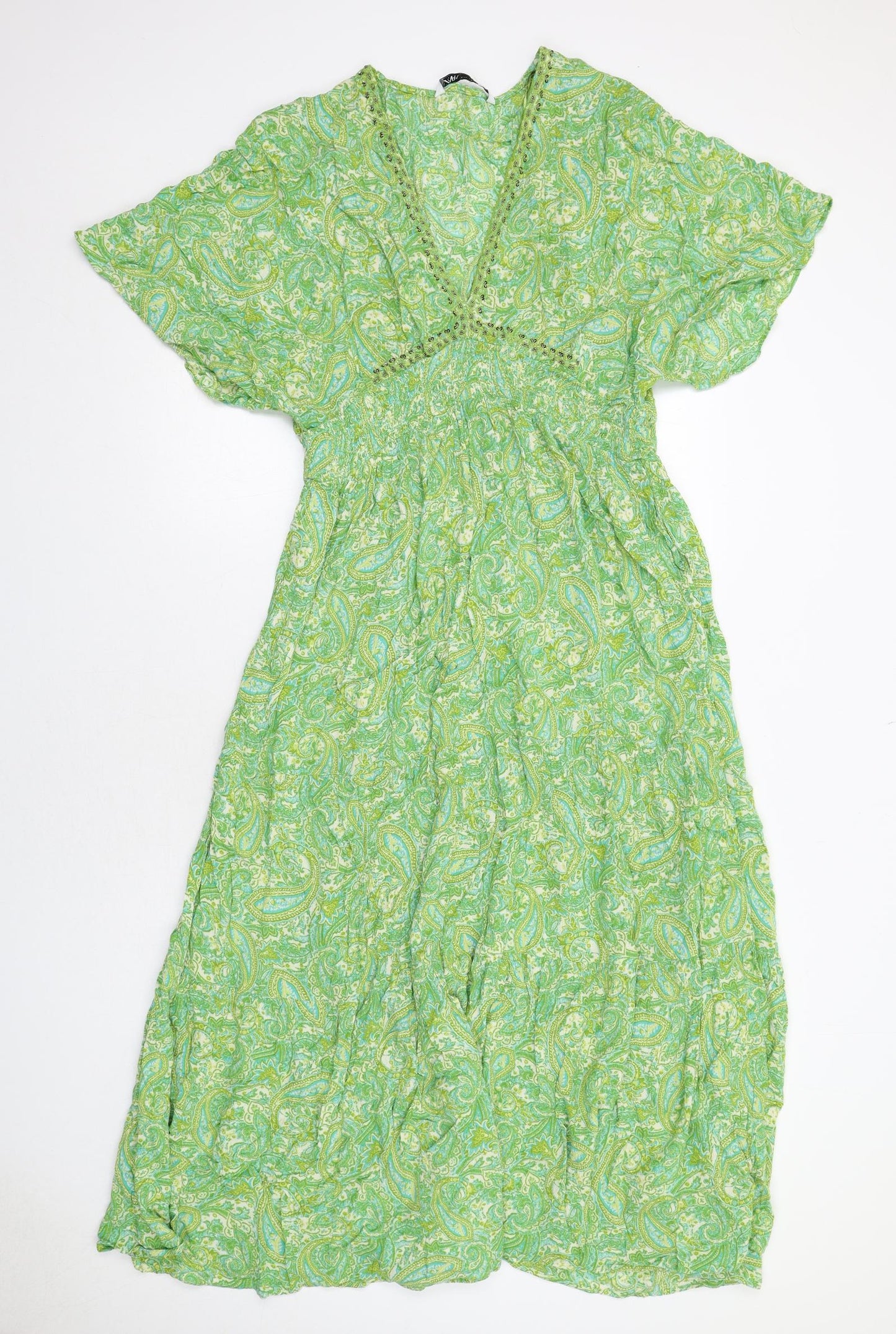 Zara Womens Green Geometric Viscose Maxi Size XL V-Neck Pullover