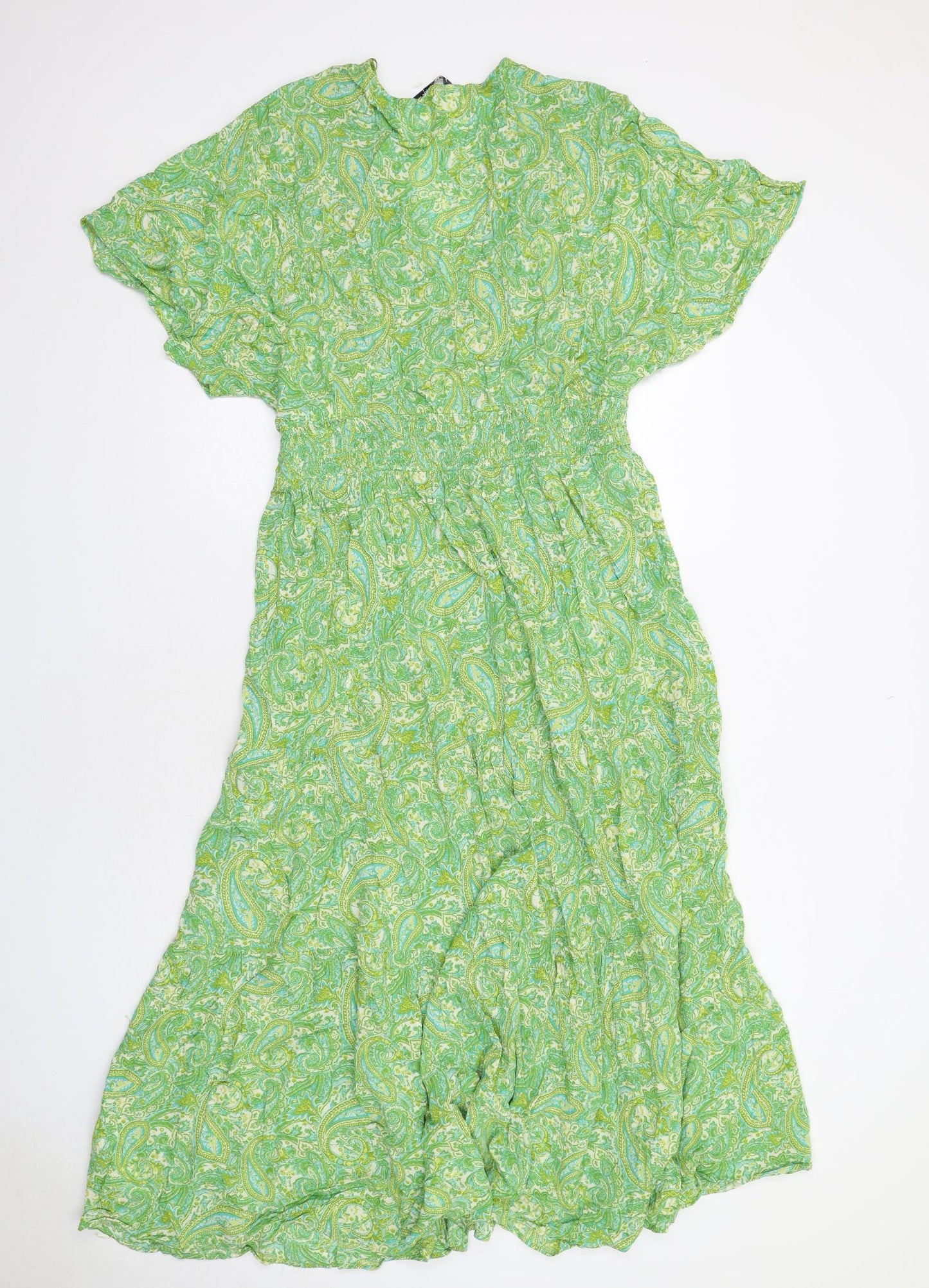 Zara Womens Green Geometric Viscose Maxi Size XL V-Neck Pullover