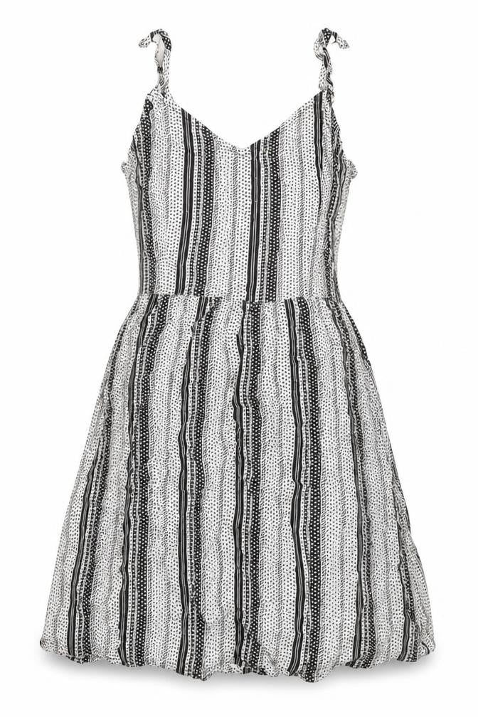 Front view of H&M women’s black geometric viscose tank dress, size UK 8, v-neck pullover