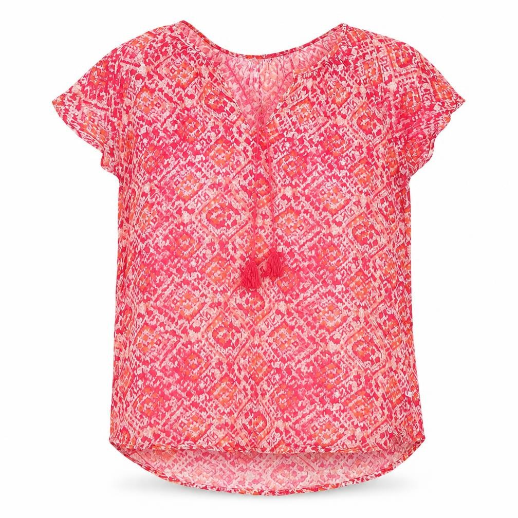 Front view of Gap women’s pink geometric cotton basic blouse, size S, v-neck - mosaic print
