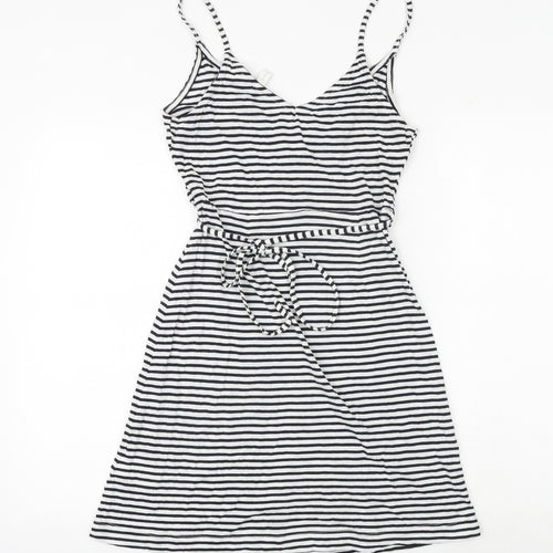 H&M Womens White Striped Cotton Tank Dress Size XS V-Neck Tie