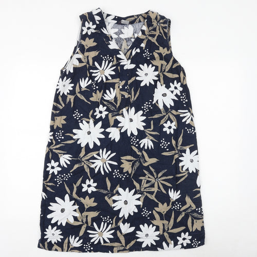 Marks and Spencer Womens Blue Floral Flax A-Line Size 16 V-Neck Zip