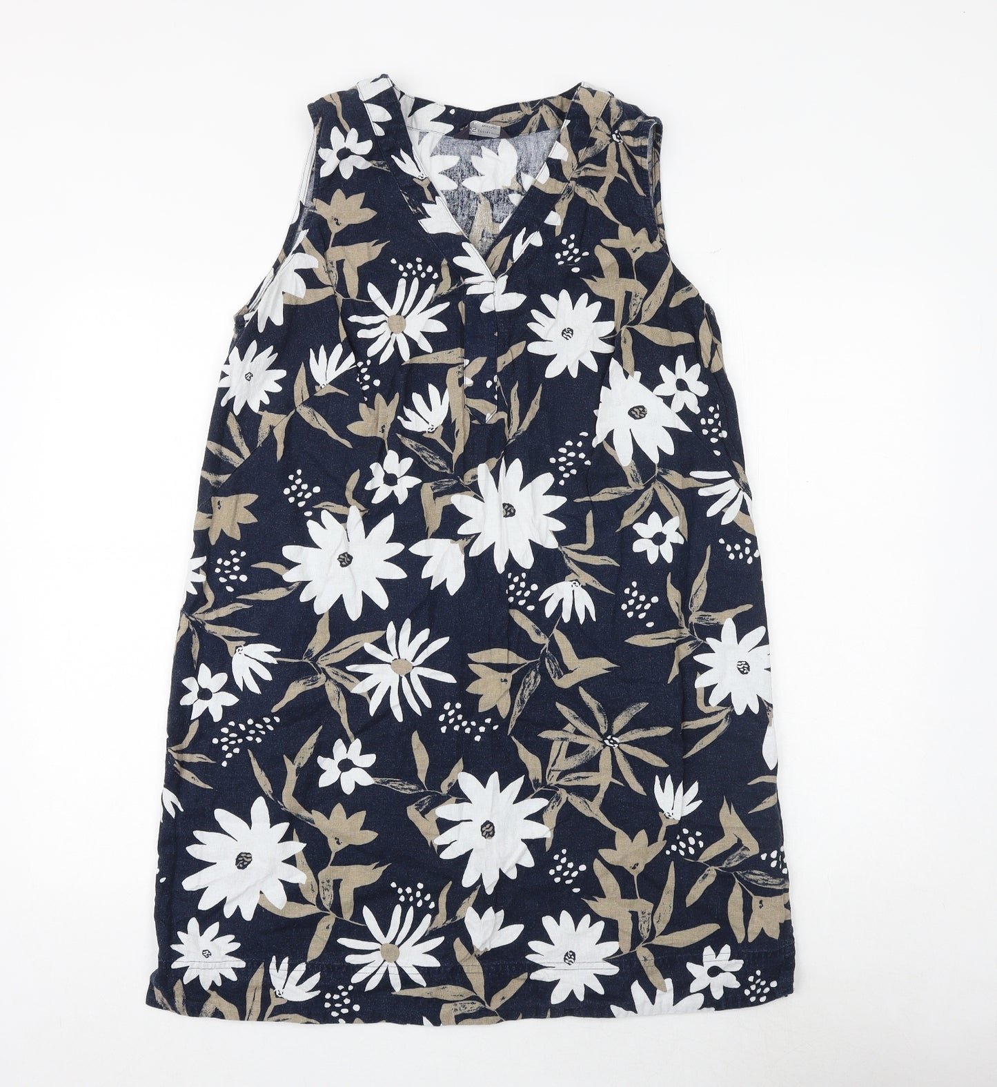 Marks and Spencer Womens Blue Floral Flax A-Line Size 16 V-Neck Zip