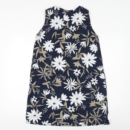 Marks and Spencer Womens Blue Floral Flax A-Line Size 16 V-Neck Zip