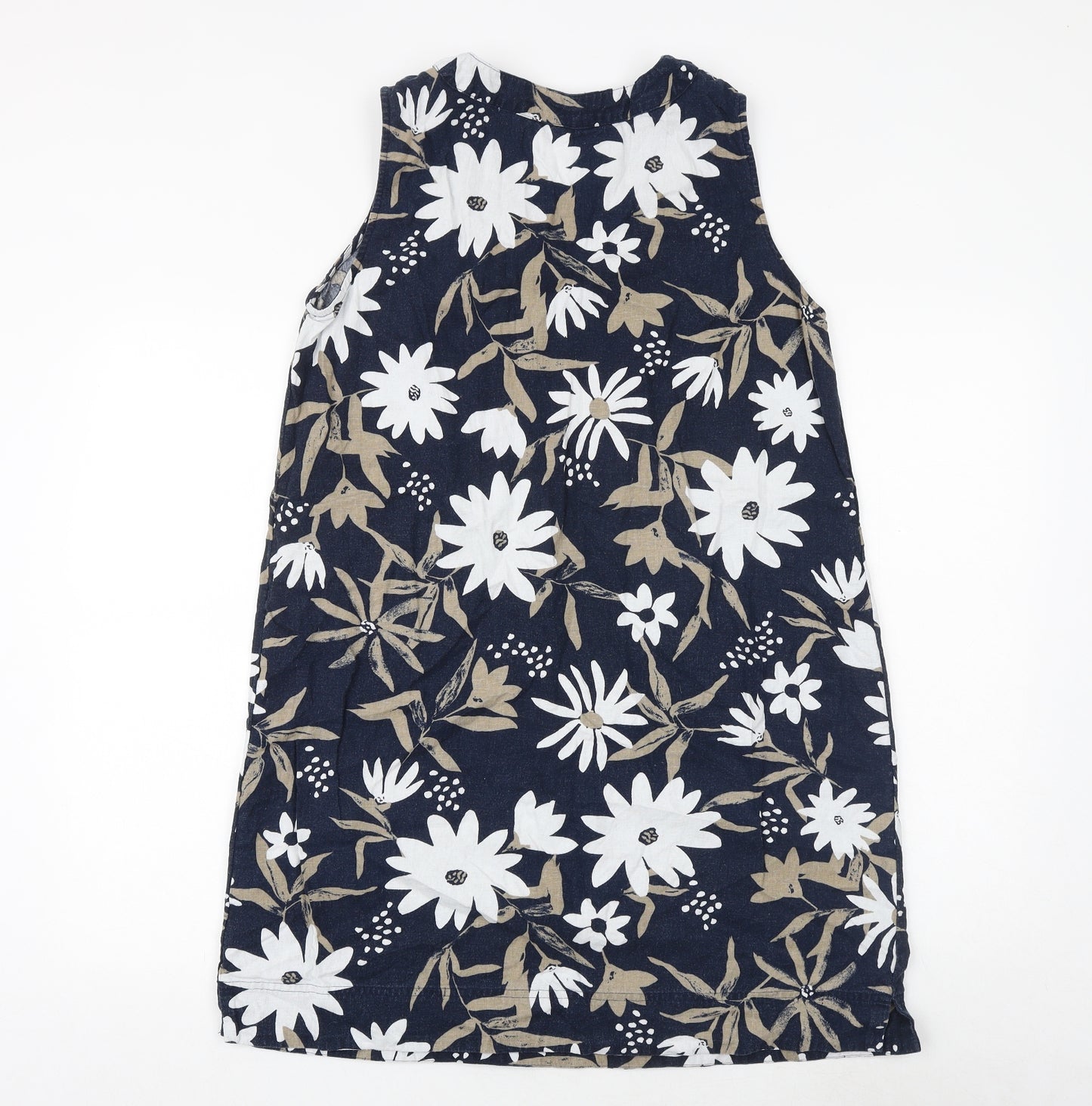 Marks and Spencer Womens Blue Floral Flax A-Line Size 16 V-Neck Zip