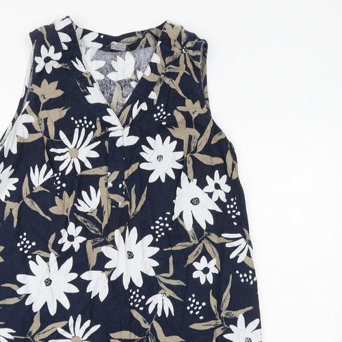 Marks and Spencer Womens Blue Floral Flax A-Line Size 16 V-Neck Zip