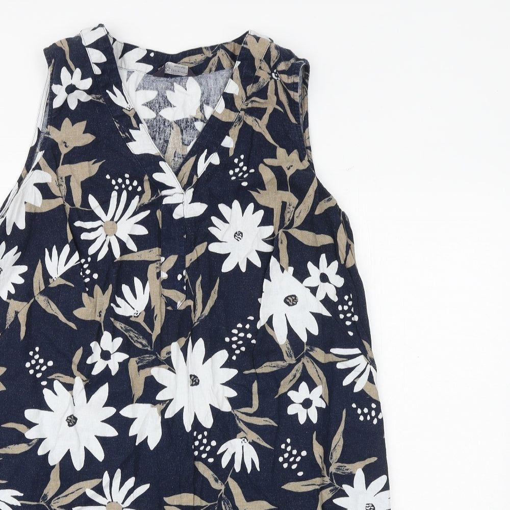 Marks and Spencer Womens Blue Floral Flax A-Line Size 16 V-Neck Zip