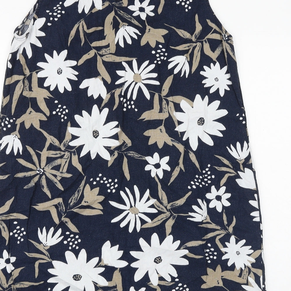 Marks and Spencer Womens Blue Floral Flax A-Line Size 16 V-Neck Zip