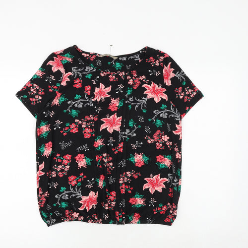 Poetic Soul Womens Black Floral Viscose Basic Blouse Size M Boat Neck - Front Pleat Detail