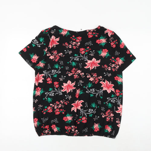 Poetic Soul Womens Black Floral Viscose Basic Blouse Size M Boat Neck - Front Pleat Detail
