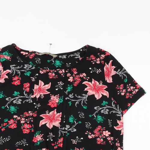 Poetic Soul Womens Black Floral Viscose Basic Blouse Size M Boat Neck - Front Pleat Detail
