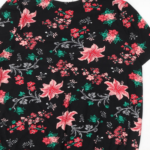 Poetic Soul Womens Black Floral Viscose Basic Blouse Size M Boat Neck - Front Pleat Detail