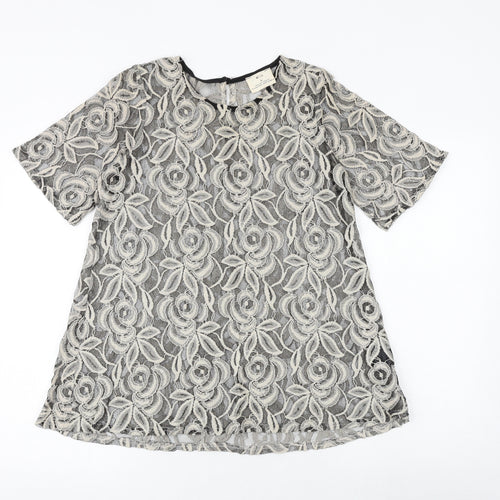 Pins and Needles Womens Black Floral Cotton Basic Blouse Size S Boat Neck