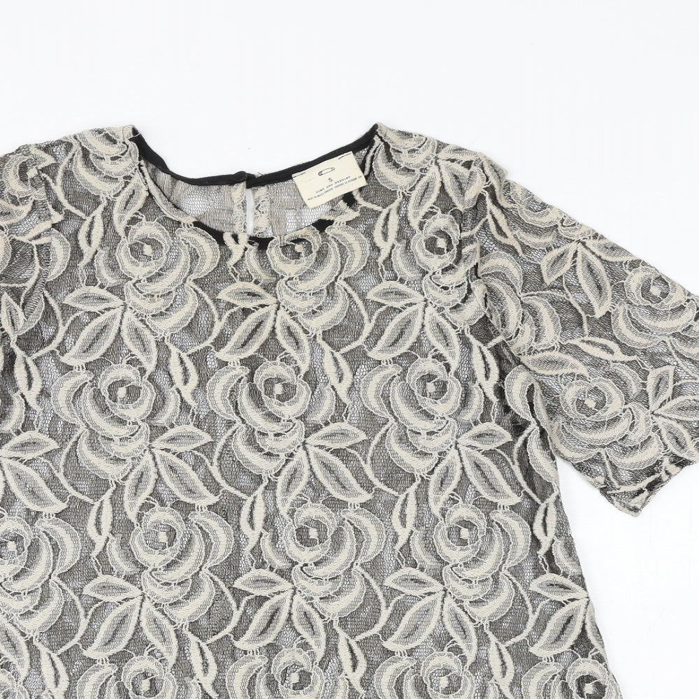 Pins and Needles Womens Black Floral Cotton Basic Blouse Size S Boat Neck