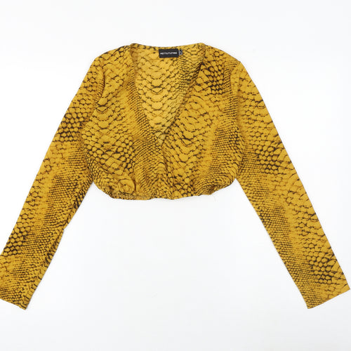 PRETTYLITTLETHING Womens Yellow Animal Print Polyester Cropped Blouse Size 6 V-Neck - Snake Print