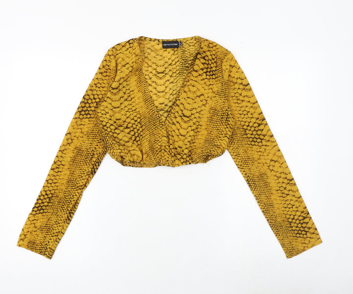 PRETTYLITTLETHING Womens Yellow Animal Print Polyester Cropped Blouse Size 6 V-Neck - Snake Print