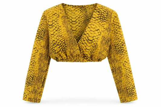 Front view of PRETTYLITTLETHING women’s yellow animal print polyester cropped blouse, size UK 6, v-neck - snake print