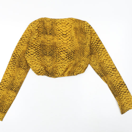 PRETTYLITTLETHING Womens Yellow Animal Print Polyester Cropped Blouse Size 6 V-Neck - Snake Print