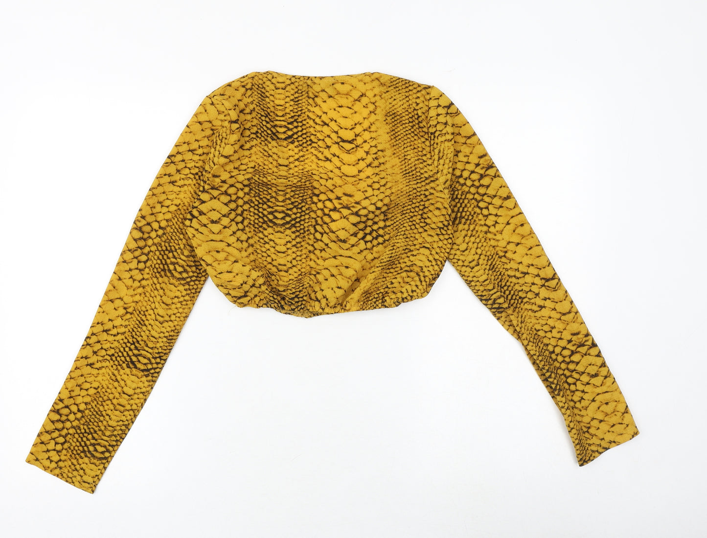 PRETTYLITTLETHING Womens Yellow Animal Print Polyester Cropped Blouse Size 6 V-Neck - Snake Print