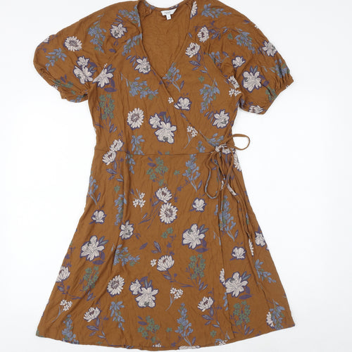 NEXT Womens Brown Floral Viscose Wrap Dress Size 14 V-Neck Tie