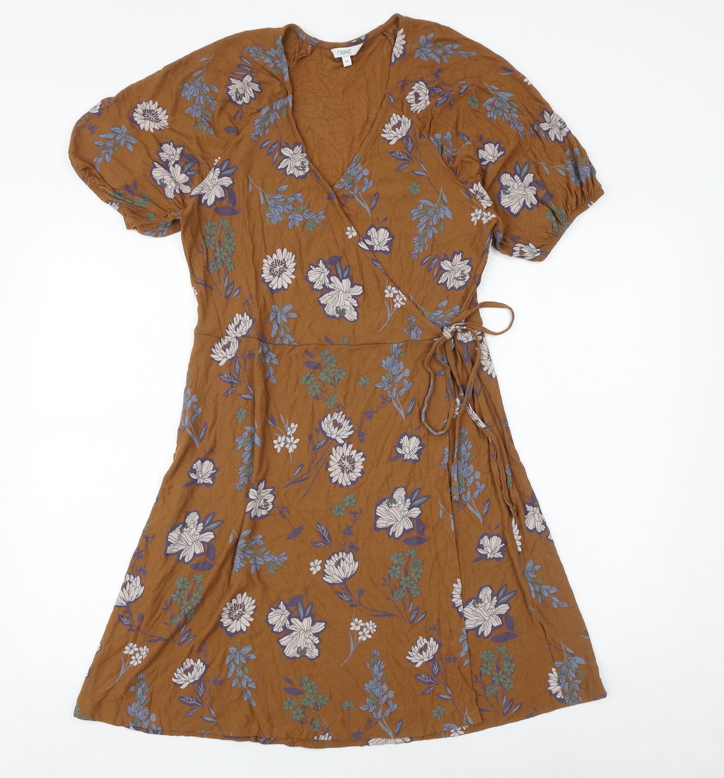 NEXT Womens Brown Floral Viscose Wrap Dress Size 14 V-Neck Tie