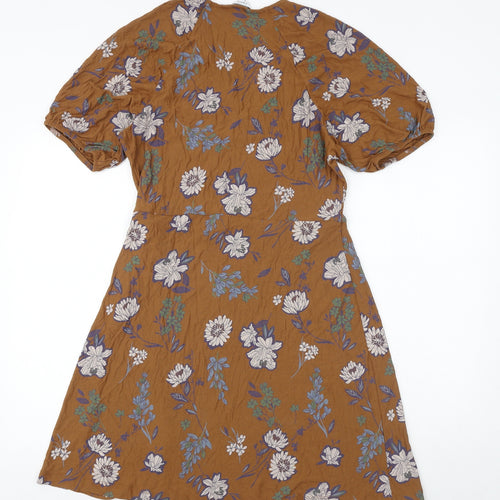 NEXT Womens Brown Floral Viscose Wrap Dress Size 14 V-Neck Tie