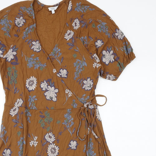 NEXT Womens Brown Floral Viscose Wrap Dress Size 14 V-Neck Tie