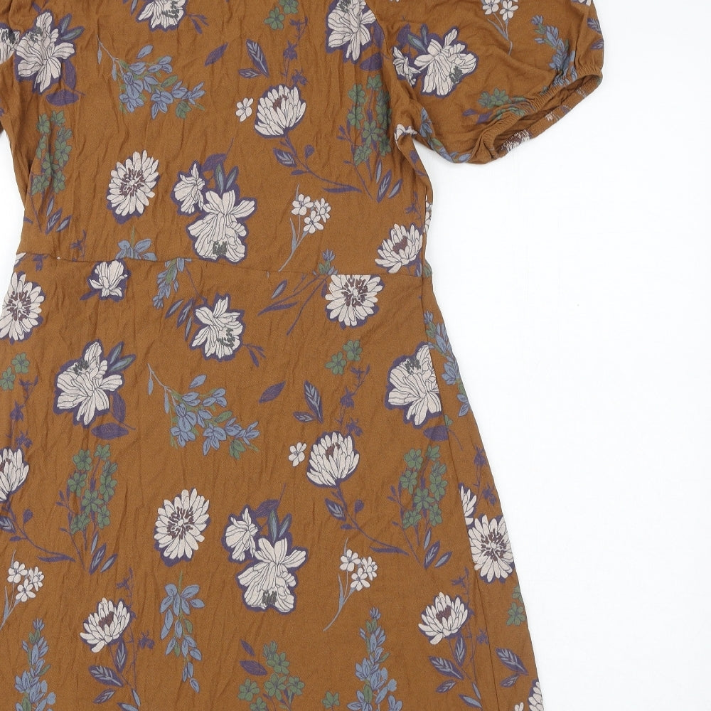 NEXT Womens Brown Floral Viscose Wrap Dress Size 14 V-Neck Tie