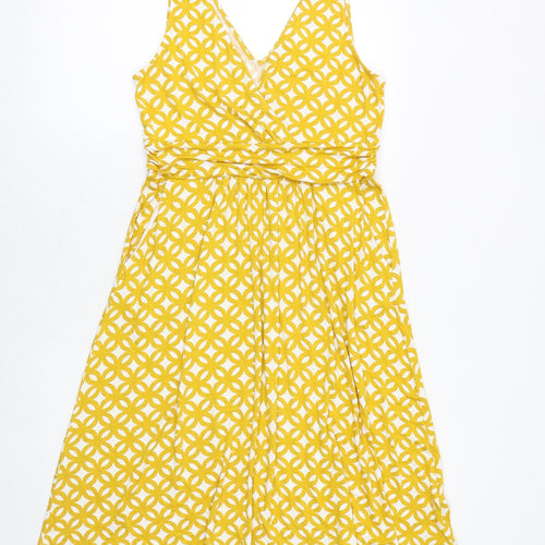 Boden Womens Yellow Geometric Viscose Fit & Flare Size 12 V-Neck Pullover