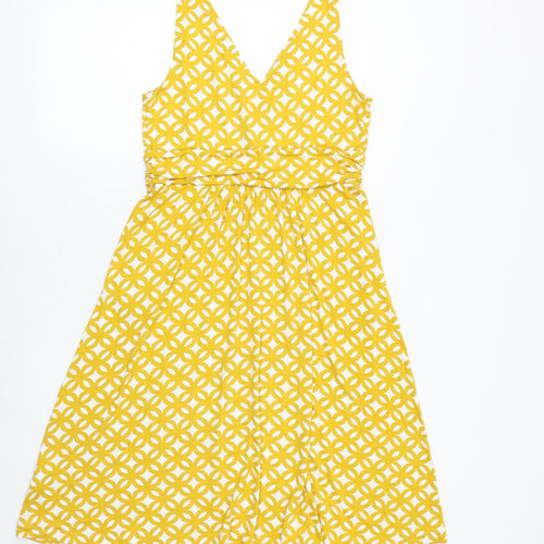 Boden Womens Yellow Geometric Viscose Fit & Flare Size 12 V-Neck Pullover